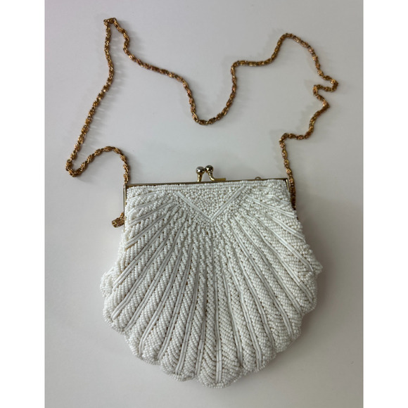 Vintage Walborg Mini Beaded Satin Clamshell Gatsby Purse Gold Color Chain Strap - Picture 12 of 13